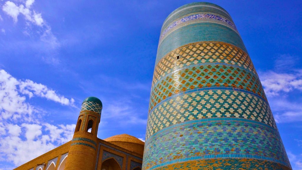 Multicolored Tiled Minaret of Kalta Minor in Khiva, Uzbekistan