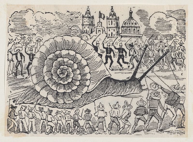 A group of people attacking a giant snail by José Guadalupe Posad