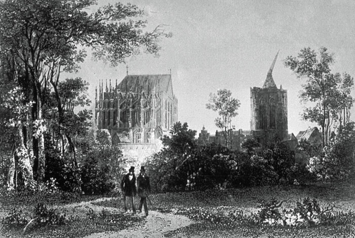The unfinished cathedral in 1820, engraved by Henry Winkles