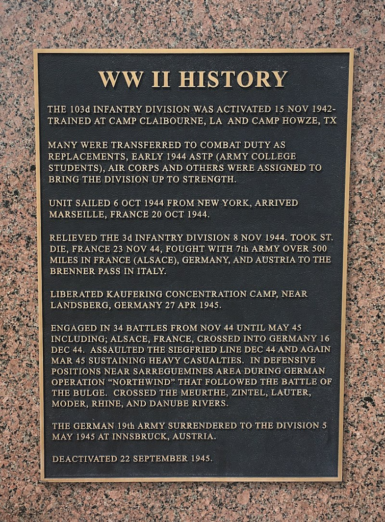 Plaque honoring the US 103rd Infantry Division in WW II.