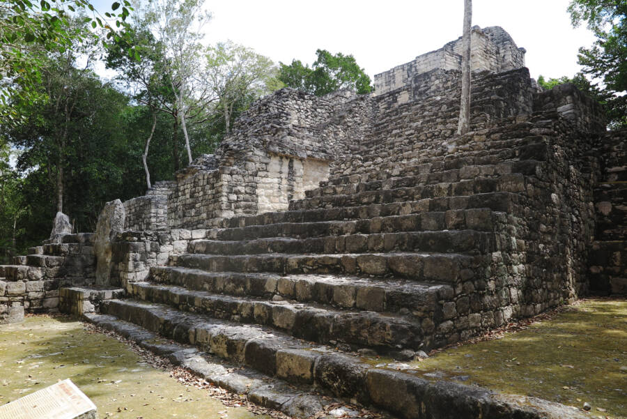 A Massive Mexican Rail Project Reveals Ancient Maya City Near Cancún A Maya pyramid in Calakmul in southeastern Mexico, Maya Train route.