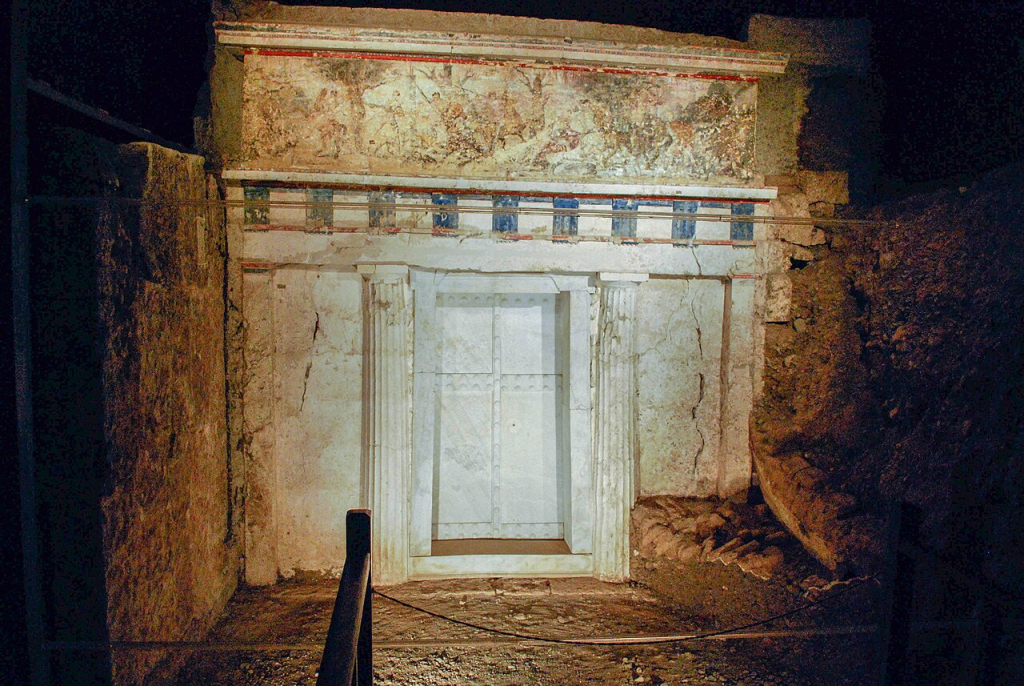 Facade of Philip II of Macedon tomb in Vergina, Greece