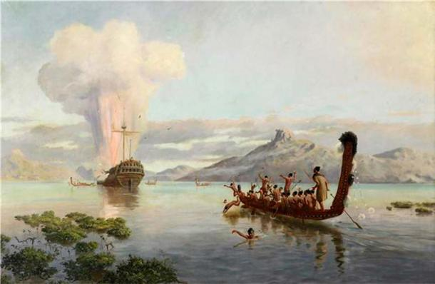 Maori warriors in a waka canoe