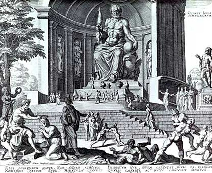 In an engraving created by Philippe Galle in 1572, based on a drawing by Maarten van Heemskerck, there is a whimsical reconstruction of Phidias' statue of Zeus.
