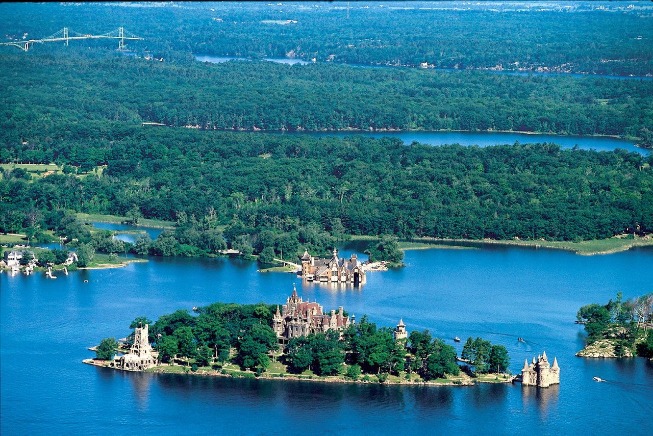 Aerial view of Boldt Castle and some of the Thousand Islands