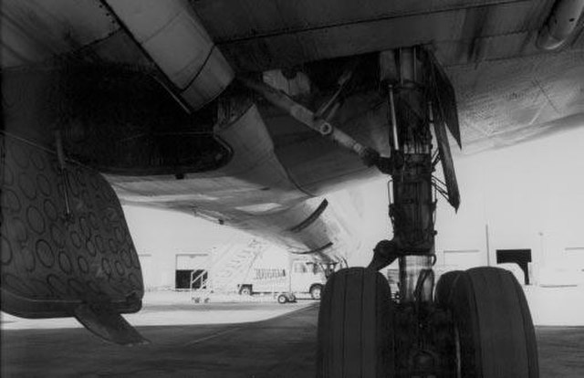 Wheel-well stowaway space forward of DC-8 right main gear

