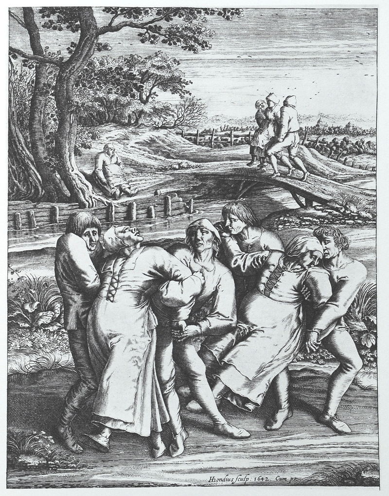 Engraving by Hendrik Hondius portraying three people affected by the dancing plague