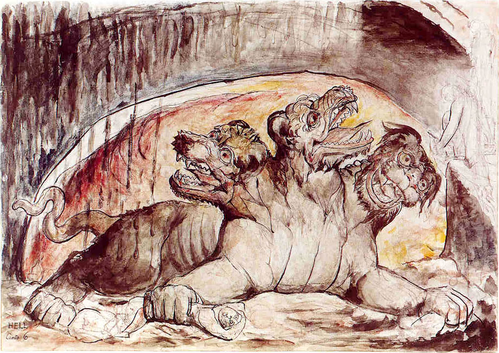 Cerberus, with the gluttons in Dante's Third Circle of Hell. William Blake.