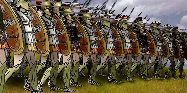 A modern illustration of the Greek hoplites marching in a phalanx formation