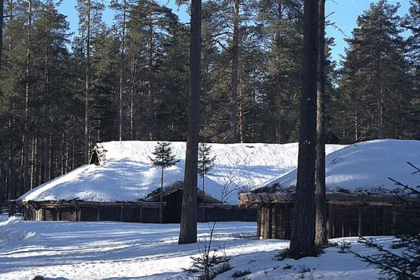 Reconstructed long house at Gene Fornby under snow.