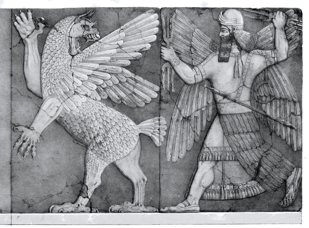 Ninurta with his thunderbolts battles the winged Anzu, palace relief, Nineveh.
