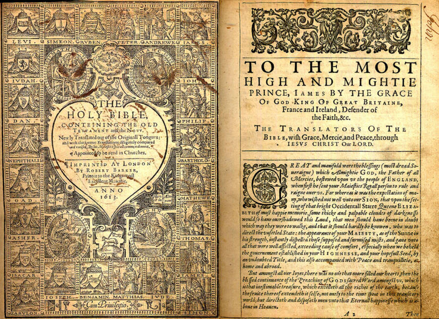 Titlepage and dedication from a 1613 King James Bible, printed by Robert Barker. 