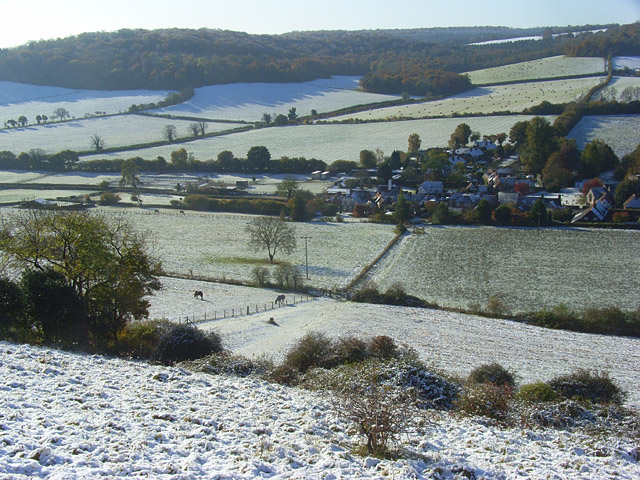 Snowy countryside, Turville A view over the village from beside the windmill.
