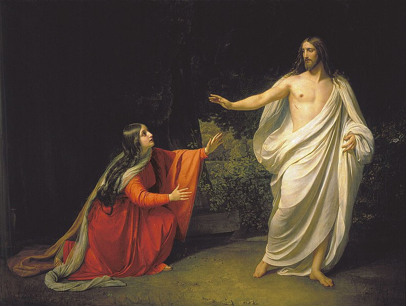 Oil painting depicting the risen Jesus Christ speaking with Mary Magdalene titled Appearance of Jesus Christ to Maria Magdalena by Alexander Andreyevich Ivanov (c. 1835)