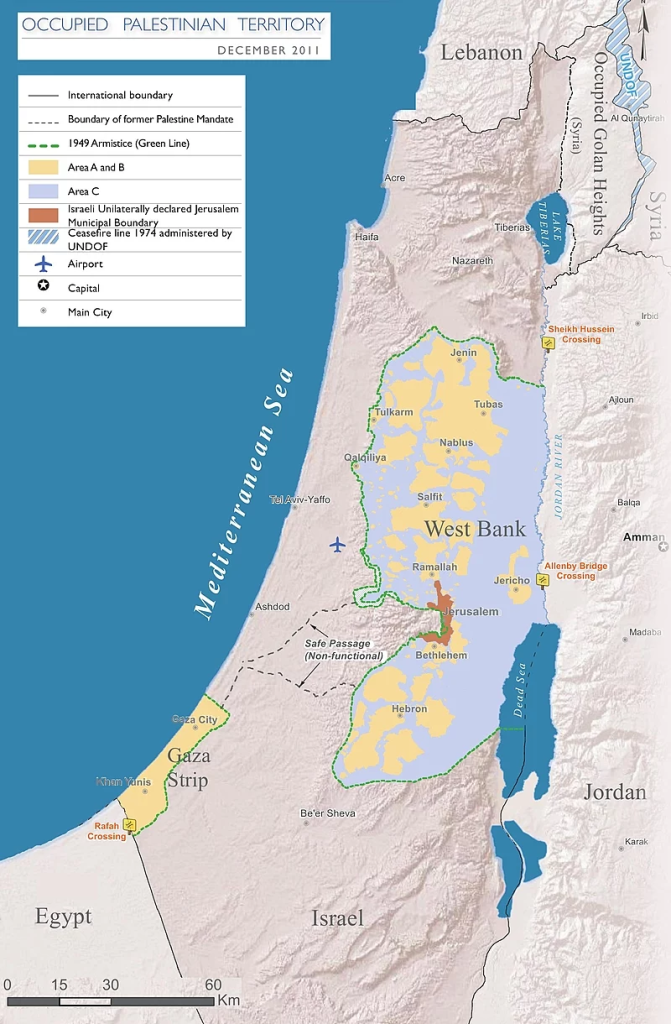 Map of Israel and Palestine, showing zones of control as outlined by the Oslo Accords History of the Israel and Palestine Conflict