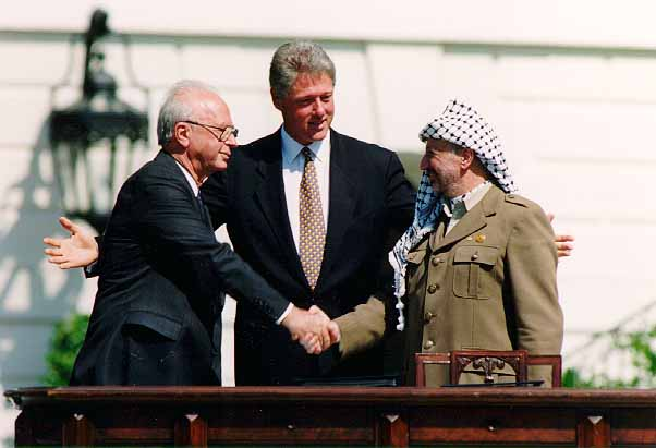 Yitzhak Rabin, Bill Clinton, and Yasser Arafat during the Oslo Accords on 13 September 1993.